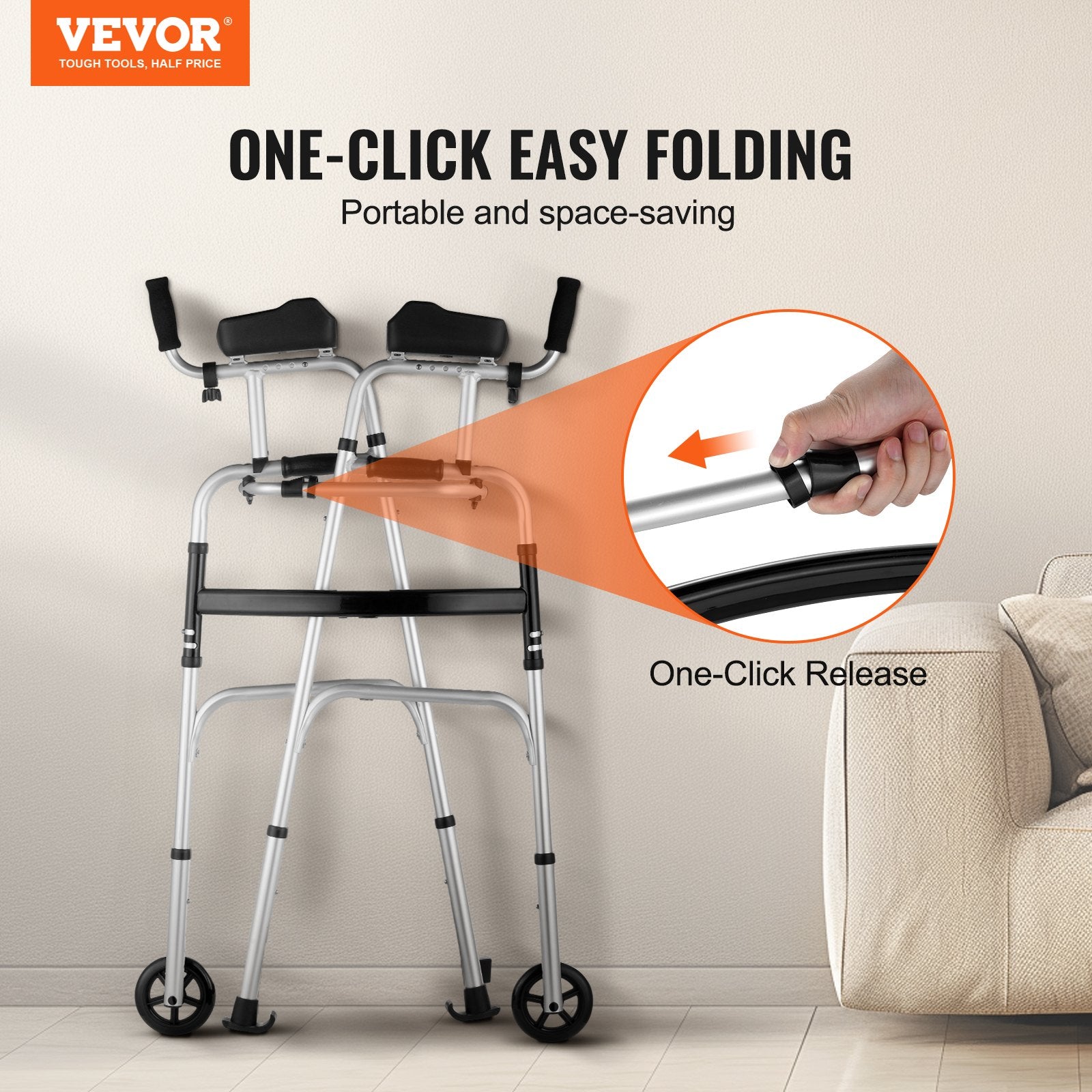 2 In 1 Folding Walker & Removable Armrests, Height Adjustable Foldable Walker With 5" Solid Wheels, Lightweight Aluminum | Front Wheeled Mobility Aid For Elderly Handicapped Disabled, 450 Pounds