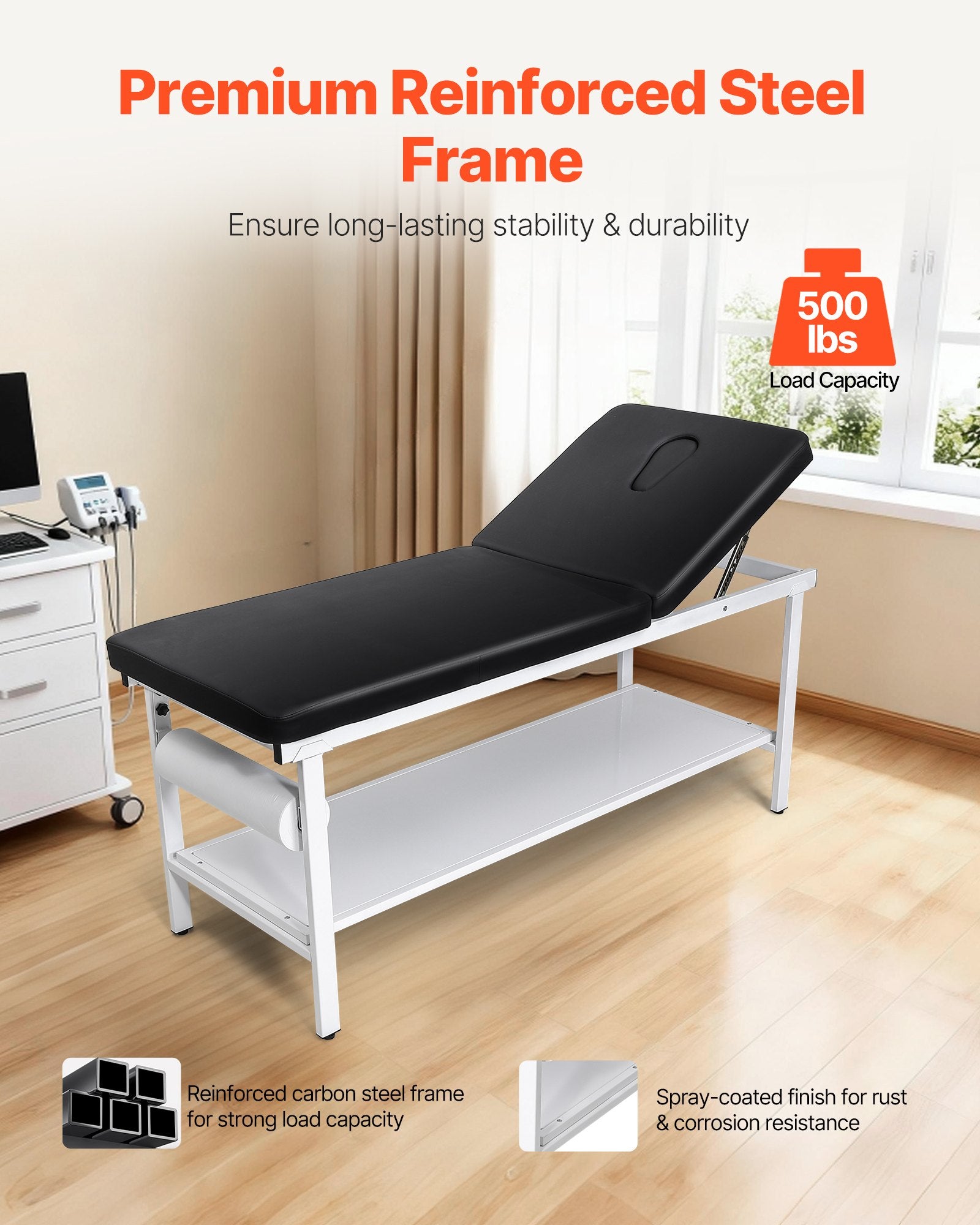 Medical Exam Table, 500LBS Loading Medical Examination Bed With 0°–40° Adjustable Backrest, Physical Therapy Exam Table With Storage Shelf & Paper Roll Dispenser For Hospital Clinic Rehab Center