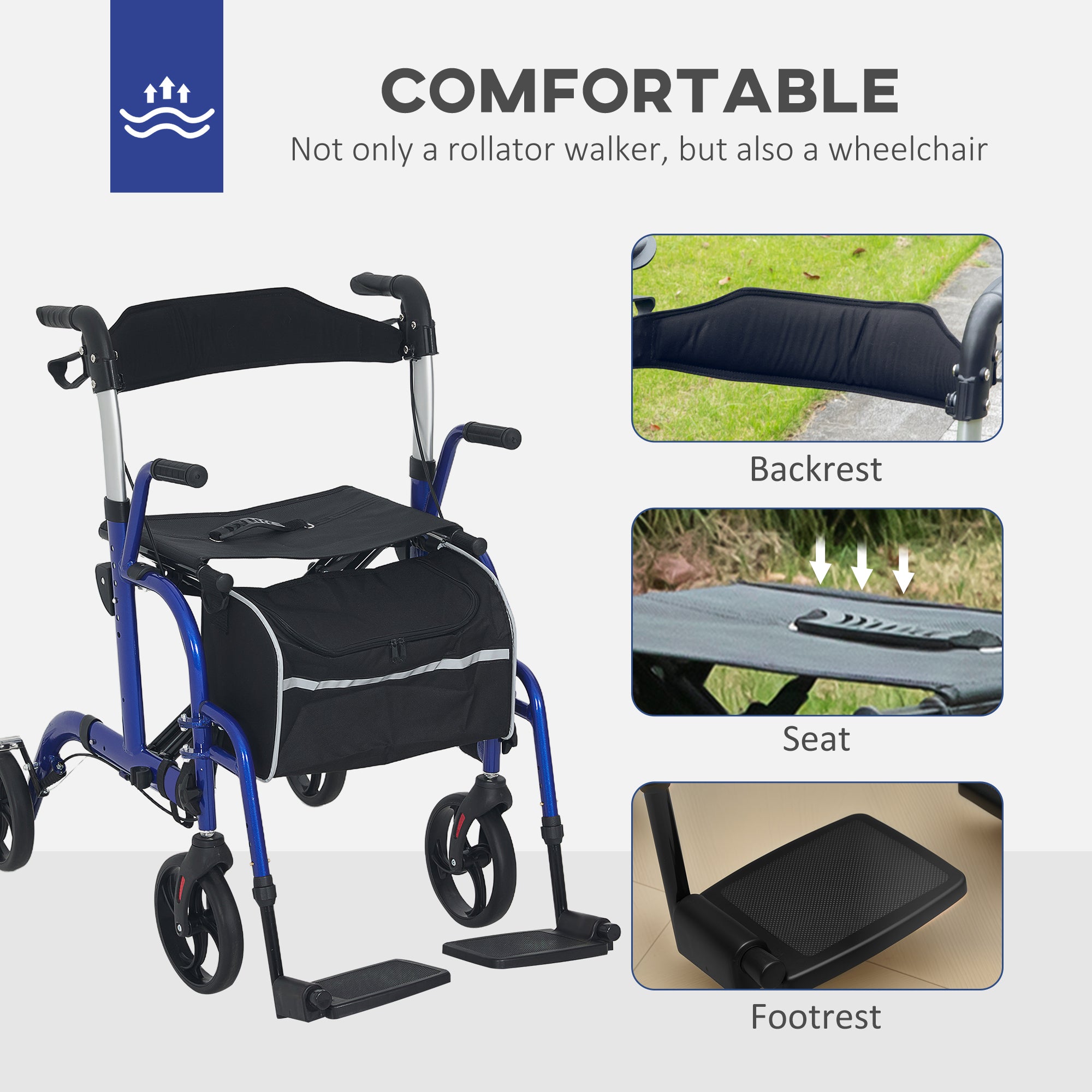 2 In 1 Wheelchair Transport Chair & Folding Rollator Walker With Seat, Backrest, Footrest, Lightweight Walking Frame With Bag, Adjustable Height, 4 Wheeled Walker For Seniors, Pearl Blue