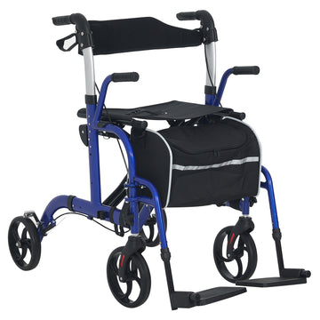 2 In 1 Wheelchair Transport Chair & Folding Rollator Walker With Seat, Backrest, Footrest, Lightweight Walking Frame With Bag, Adjustable Height, 4 Wheeled Walker For Seniors, Pearl Blue