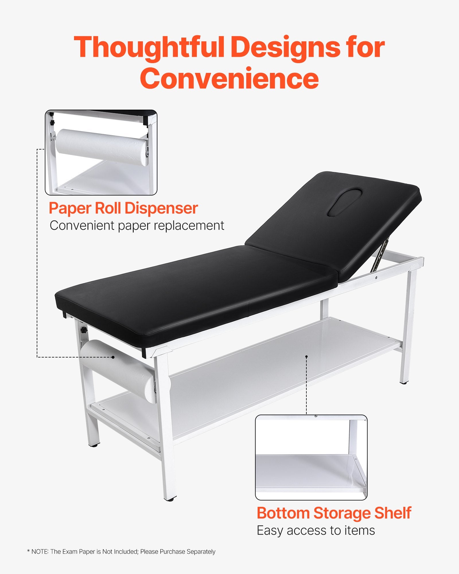 Medical Exam Table, 500LBS Loading Medical Examination Bed With 0°–40° Adjustable Backrest, Physical Therapy Exam Table With Storage Shelf & Paper Roll Dispenser For Hospital Clinic Rehab Center