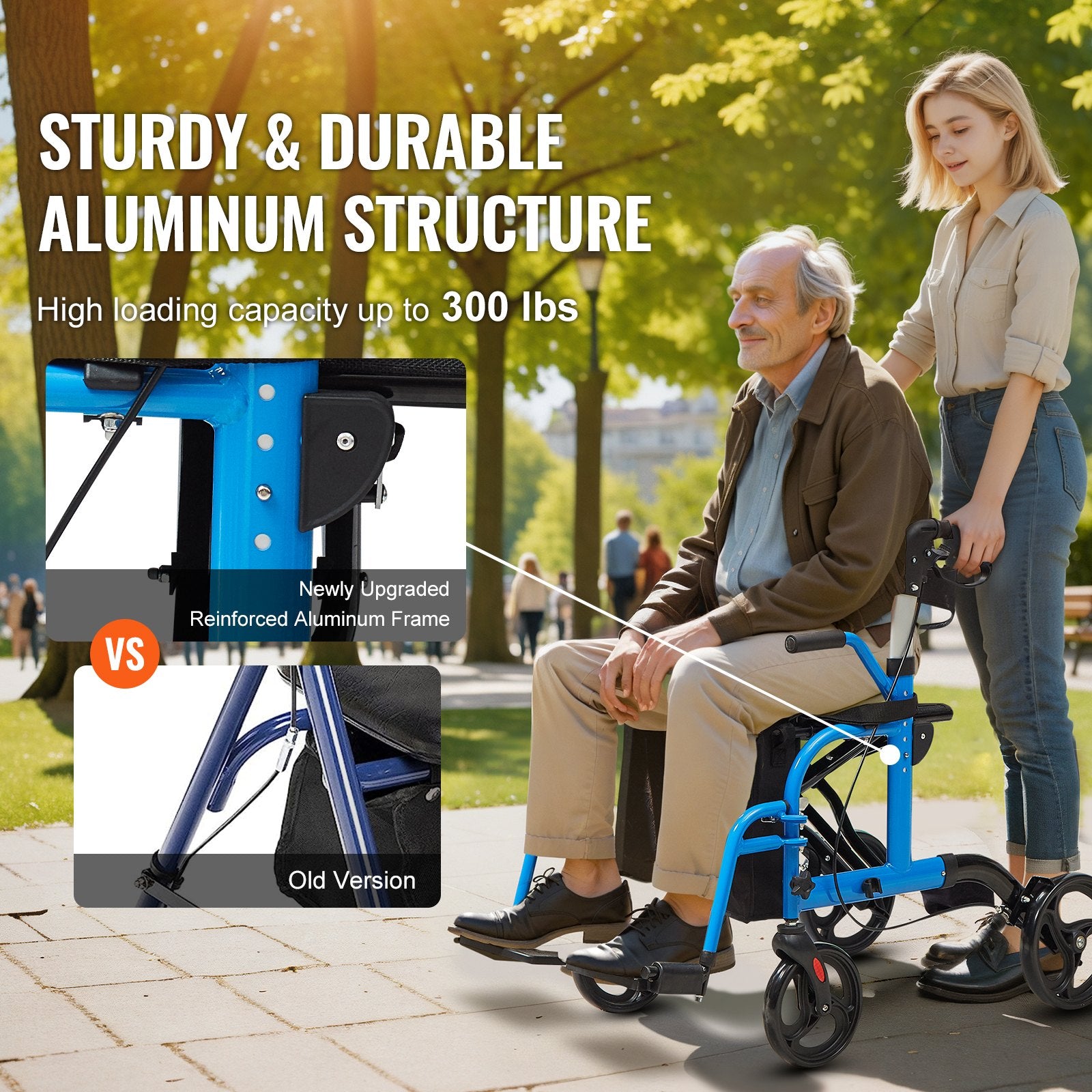 2 In 1 Rollator Walker & Transport Chair For Seniors, Folding Rolling Walker Wheelchair Combo & Footrests, Lightweight Aluminum Mobility Walker With Adjustable Handle, All Terrain Wheels, 300LBS