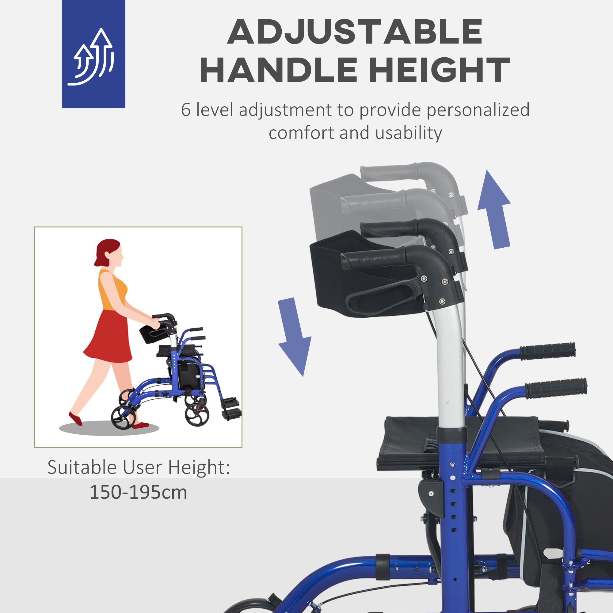 2 In 1 Wheelchair Transport Chair & Folding Rollator Walker With Seat, Backrest, Footrest, Lightweight Walking Frame With Bag, Adjustable Height, 4 Wheeled Walker For Seniors, Pearl Blue