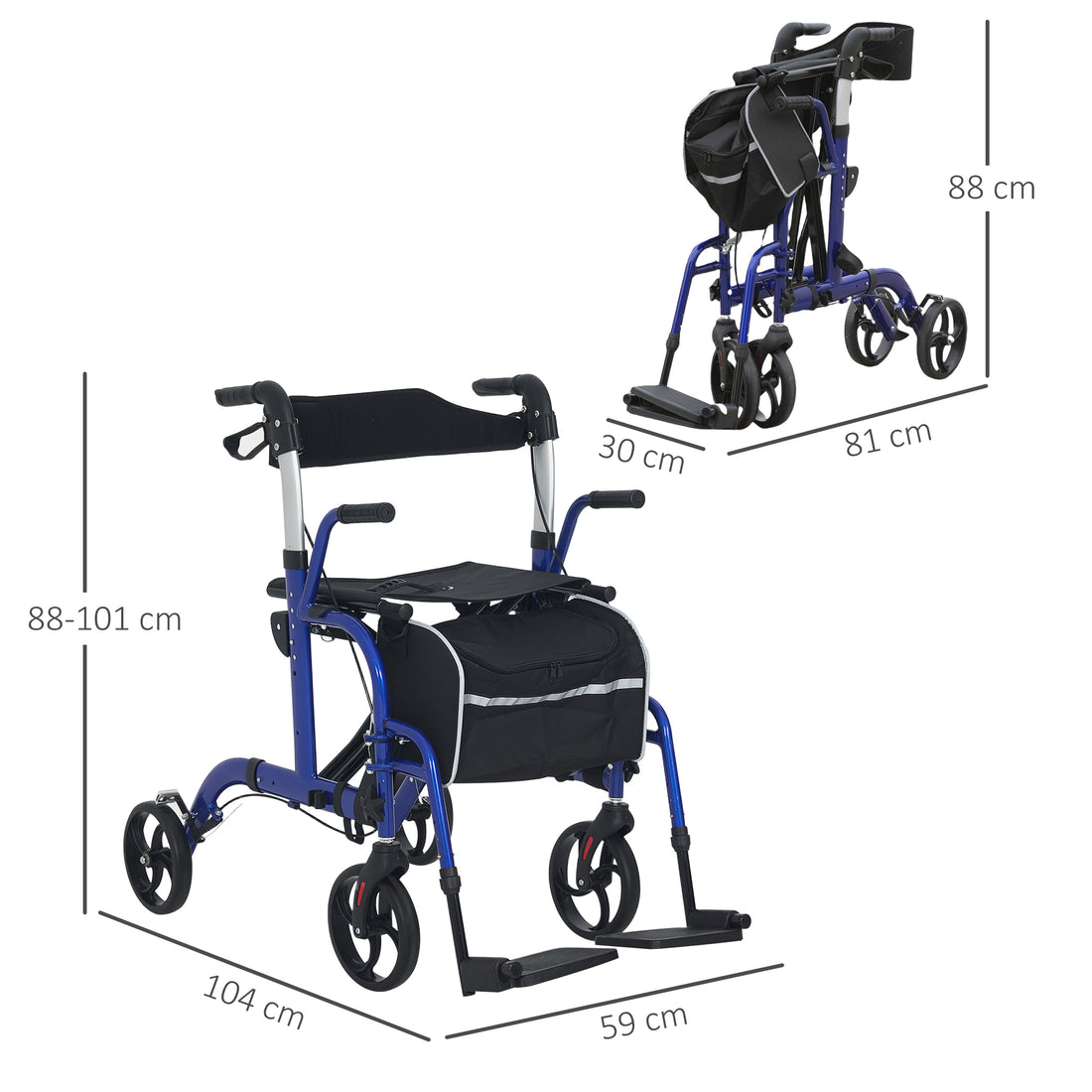 2 In 1 Wheelchair Transport Chair & Folding Rollator Walker With Seat, Backrest, Footrest, Lightweight Walking Frame With Bag, Adjustable Height, 4 Wheeled Walker For Seniors, Pearl Blue