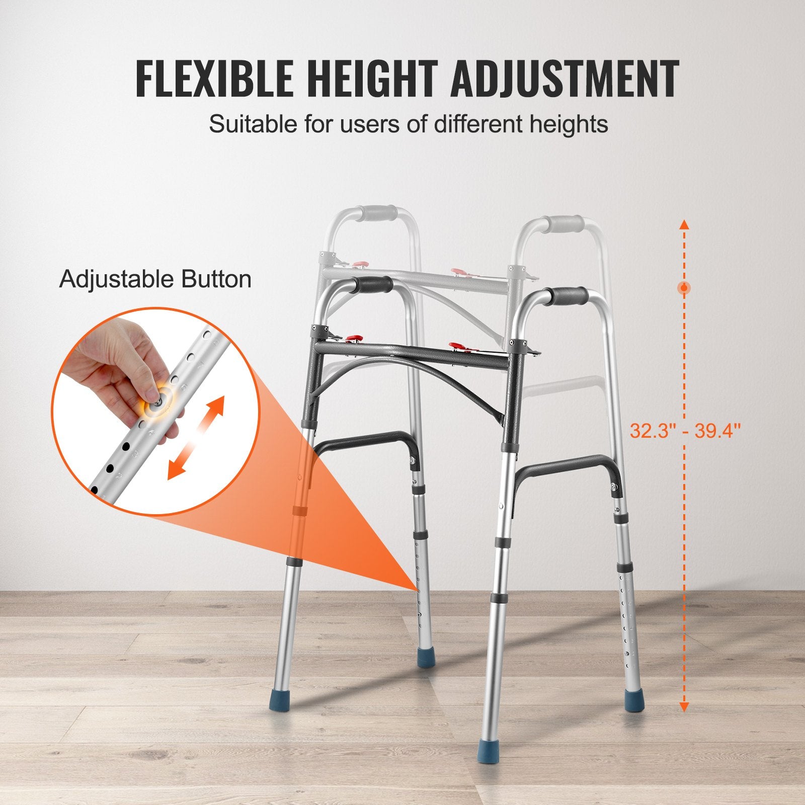 Folding Walker Aluminum Mobility Walker Aid With Adjustable Height 350LBS