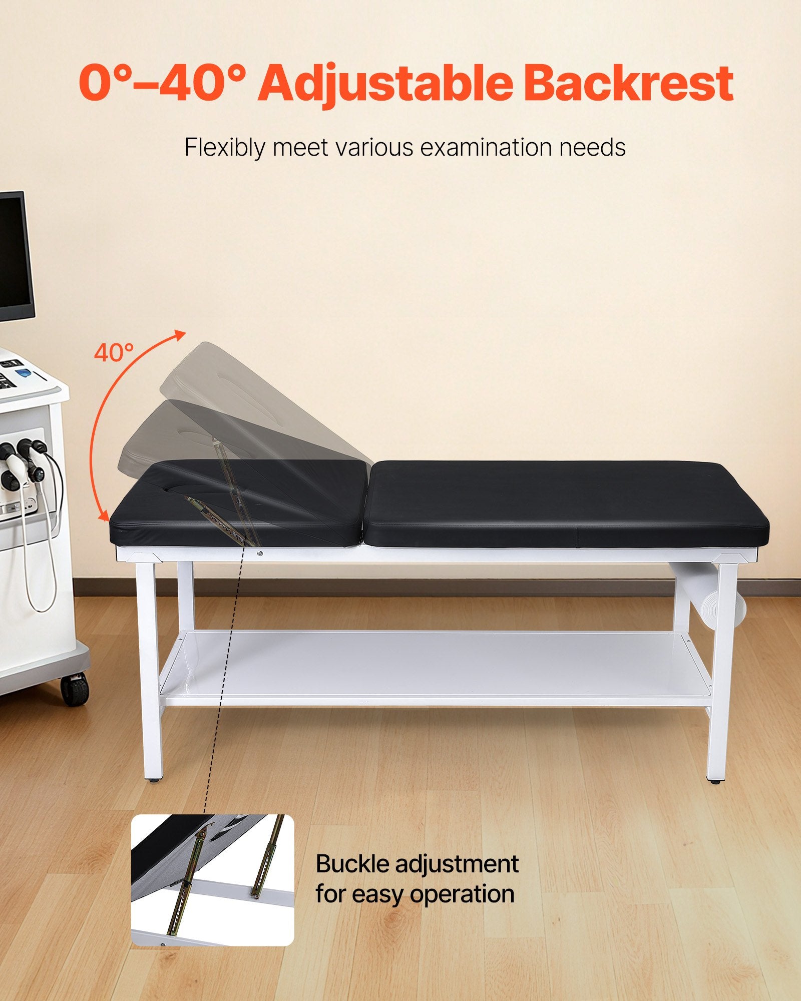 Medical Exam Table, 500LBS Loading Medical Examination Bed With 0°–40° Adjustable Backrest, Physical Therapy Exam Table With Storage Shelf & Paper Roll Dispenser For Hospital Clinic Rehab Center
